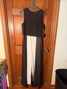 MARINA Black Sleeveless Jumpsuit with White Neckline Detail